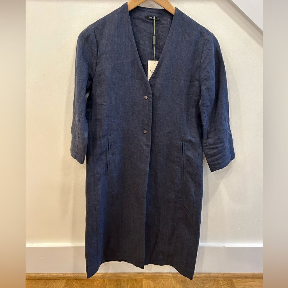 Vivid Linen Straight Fit Button Front Long Jacket - Picture 2 of 9